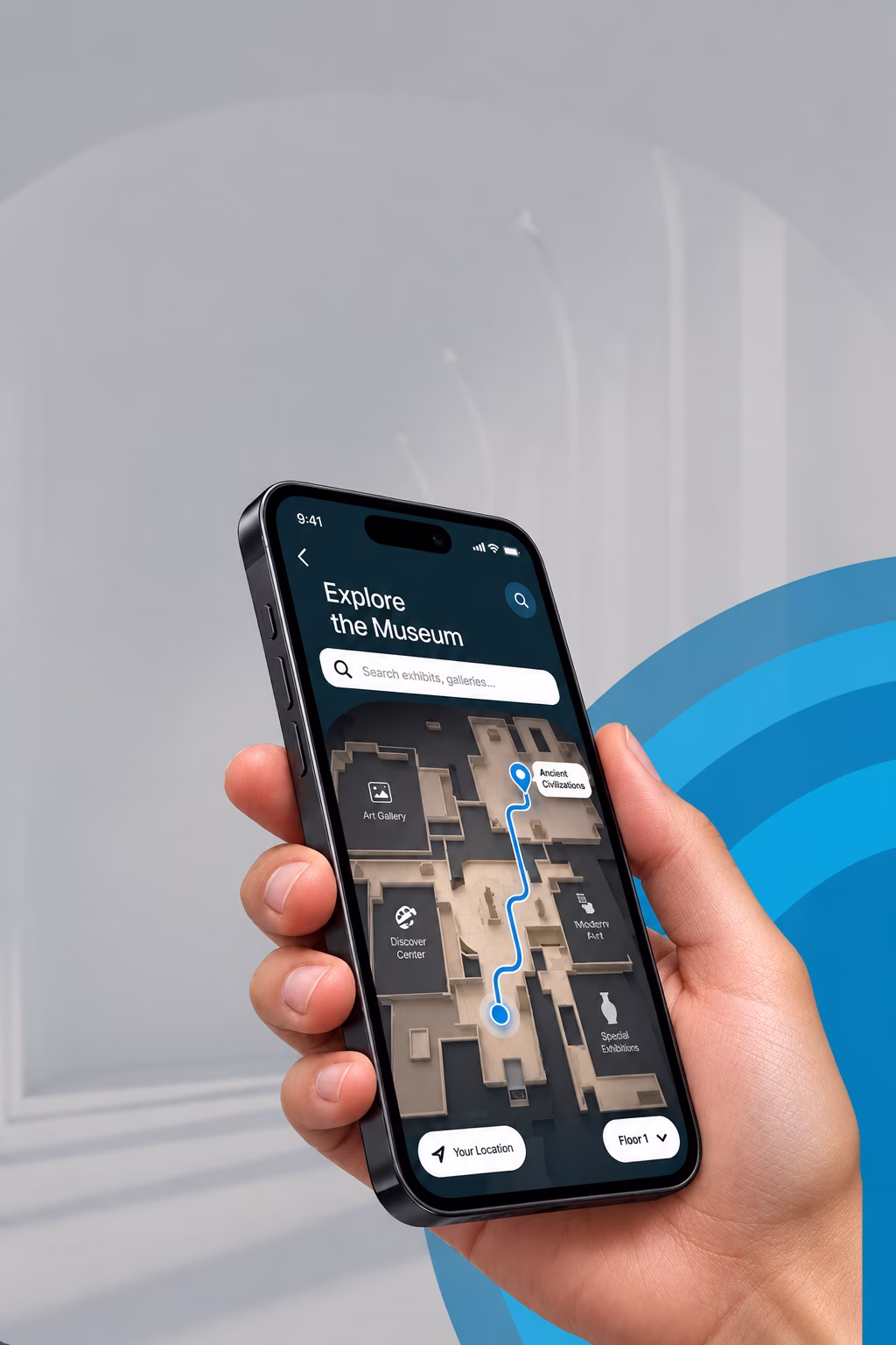 Phone showing indoor museum navigation